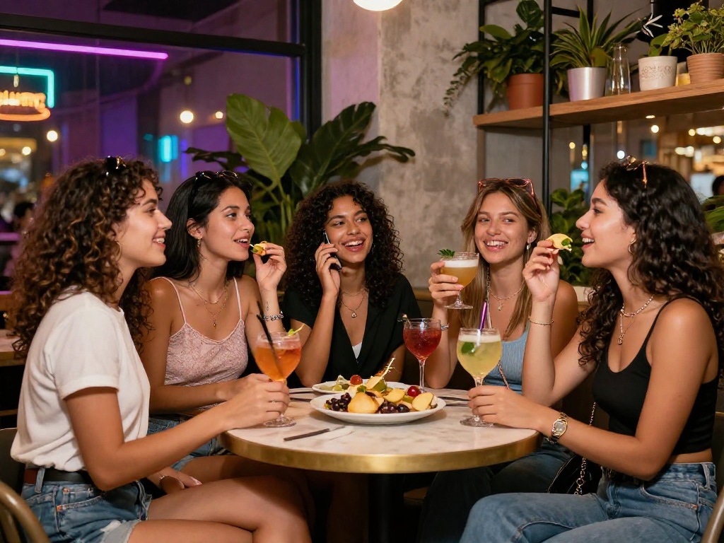 Những cô gái gọi đang vui vẻ trò chuyện và thưởng thức đồ uống tại quán cà phê sành điệu.