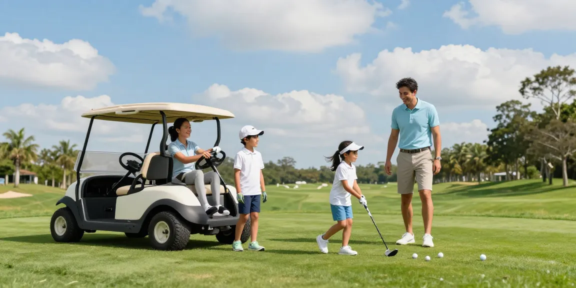 Family enjoying their day on the golf course with a new golf cart for sale nearby, creating lasting memories.