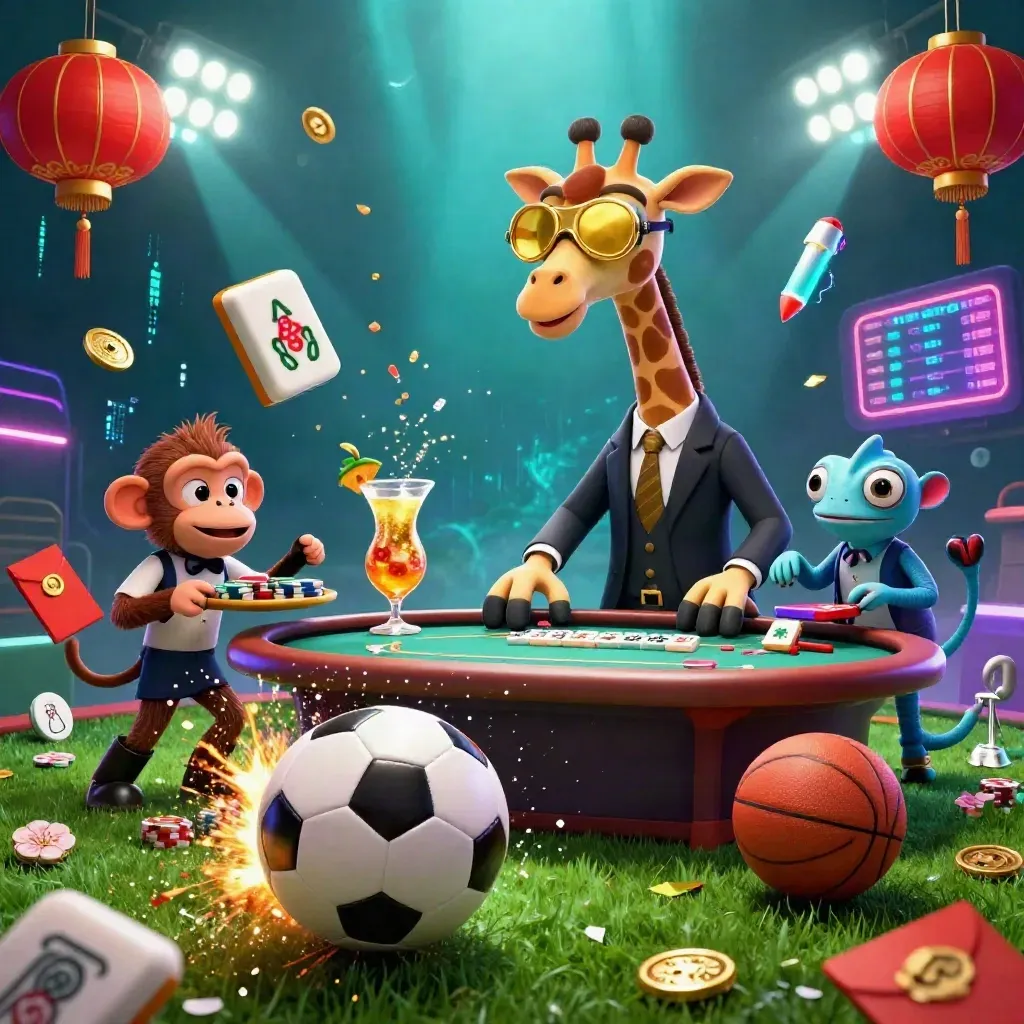 Neon casino animals amid a soccer-ball burst, poker chips, and electric light.