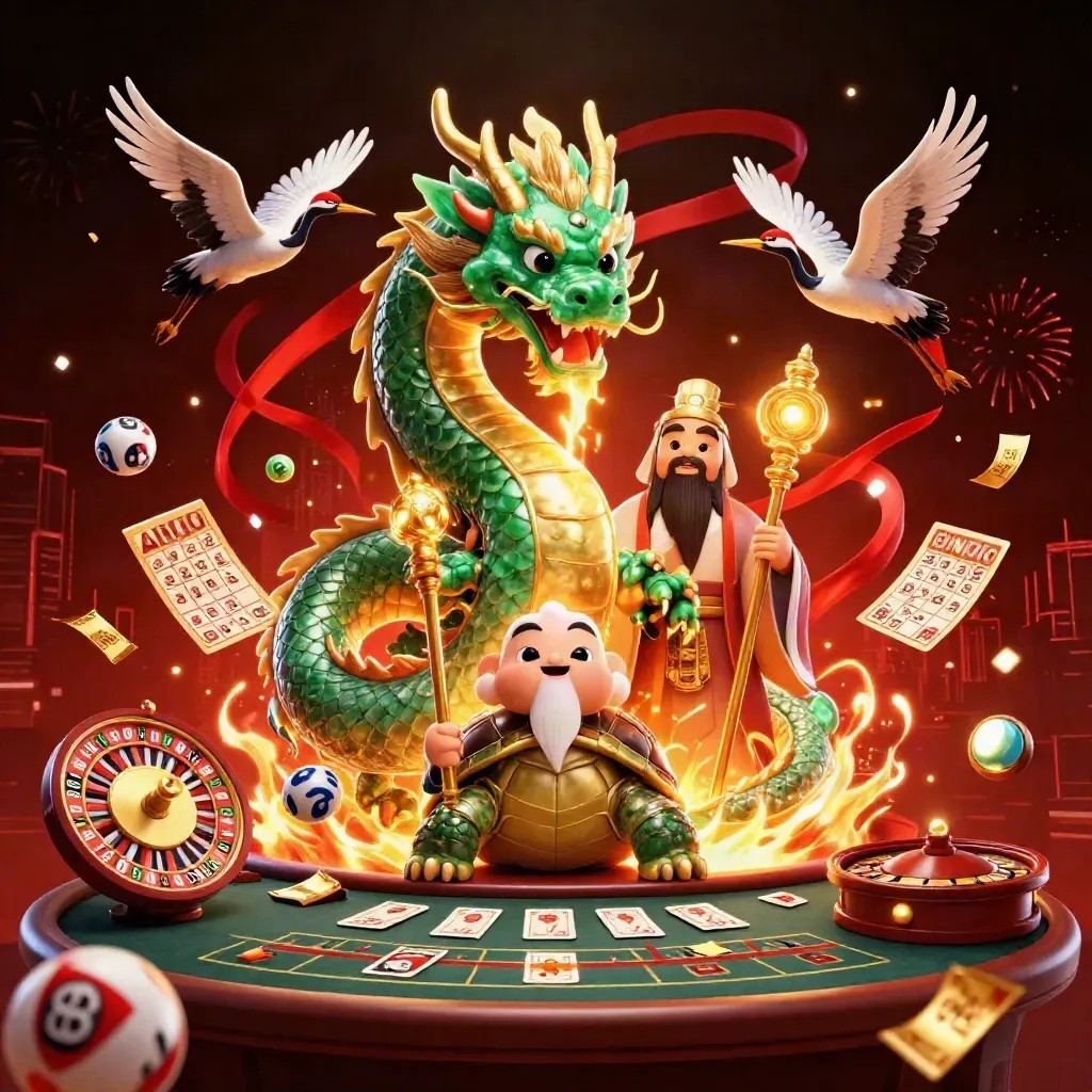 Dragon, turtle sage, and cranes amid casino effects, gold fire, confetti, and neon lights.