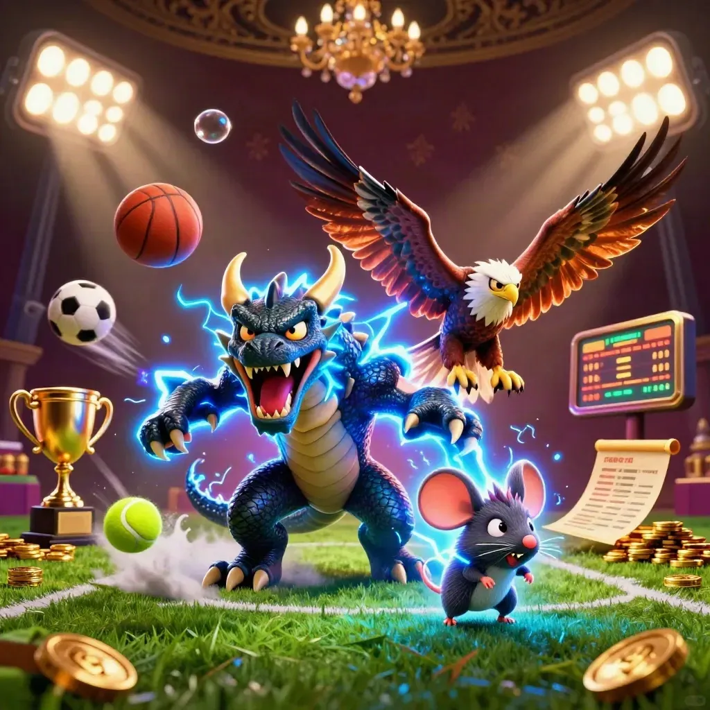 Lightning dragon, hawk and thunder-mouse with sports balls and casino glow.