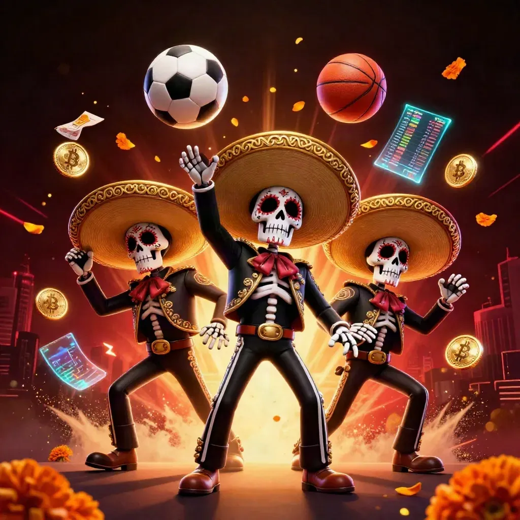 Skeleton mariachi trio with flying sports balls, gold coins, and neon casino effects.