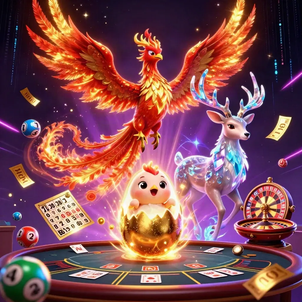 Phoenixes and crystal stag amid casino lights, lottery balls, prize wheel and neon magic.