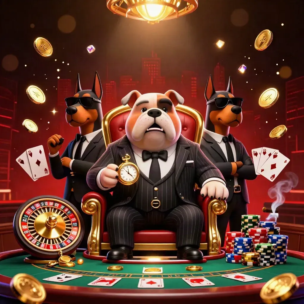Bulldog boss with Dobermans in a luxe casino blaze, coins, roulette wheel, chips and smoke