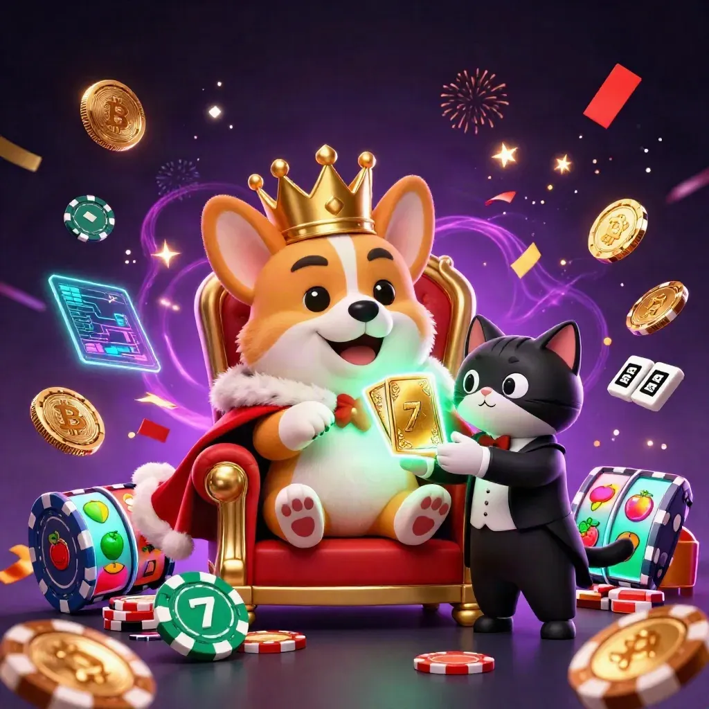Royal corgi and cat butler on poker-chip throne amid crypto coins, neon magic, and casino sparks.
