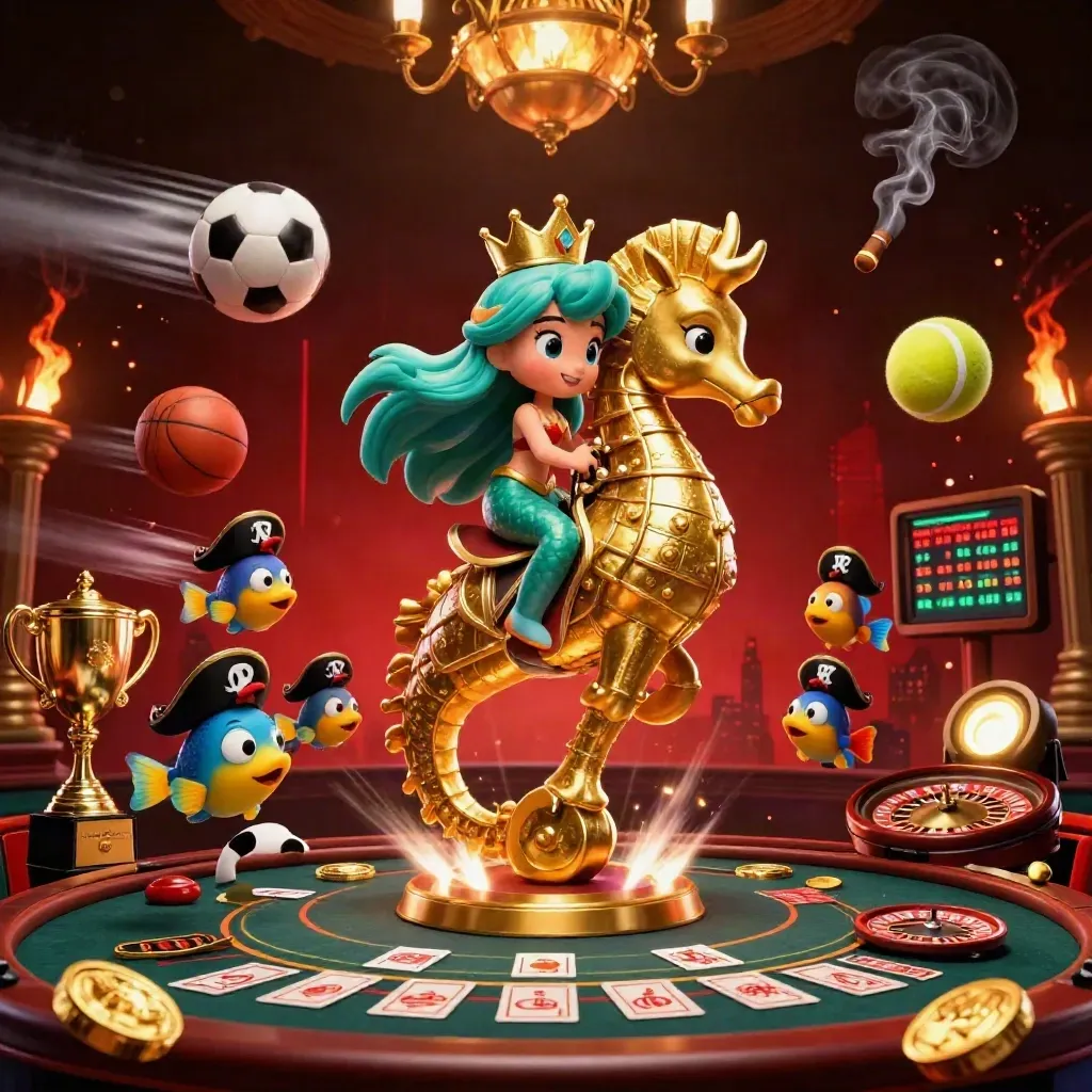 Mermaid princess on armored seahorse amid casino lights, coins, sports balls and glowing effects.