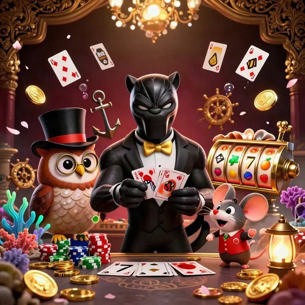 Panther, owl, and mouse heroically deal cards amid coins, coral, and glowing casino relics.