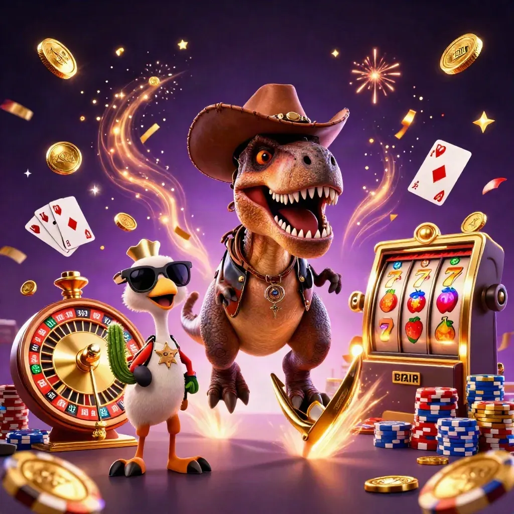 Cowboy T-Rex, cactus sidekick, and roadrunner amid coins, gems, chips, and casino effects.