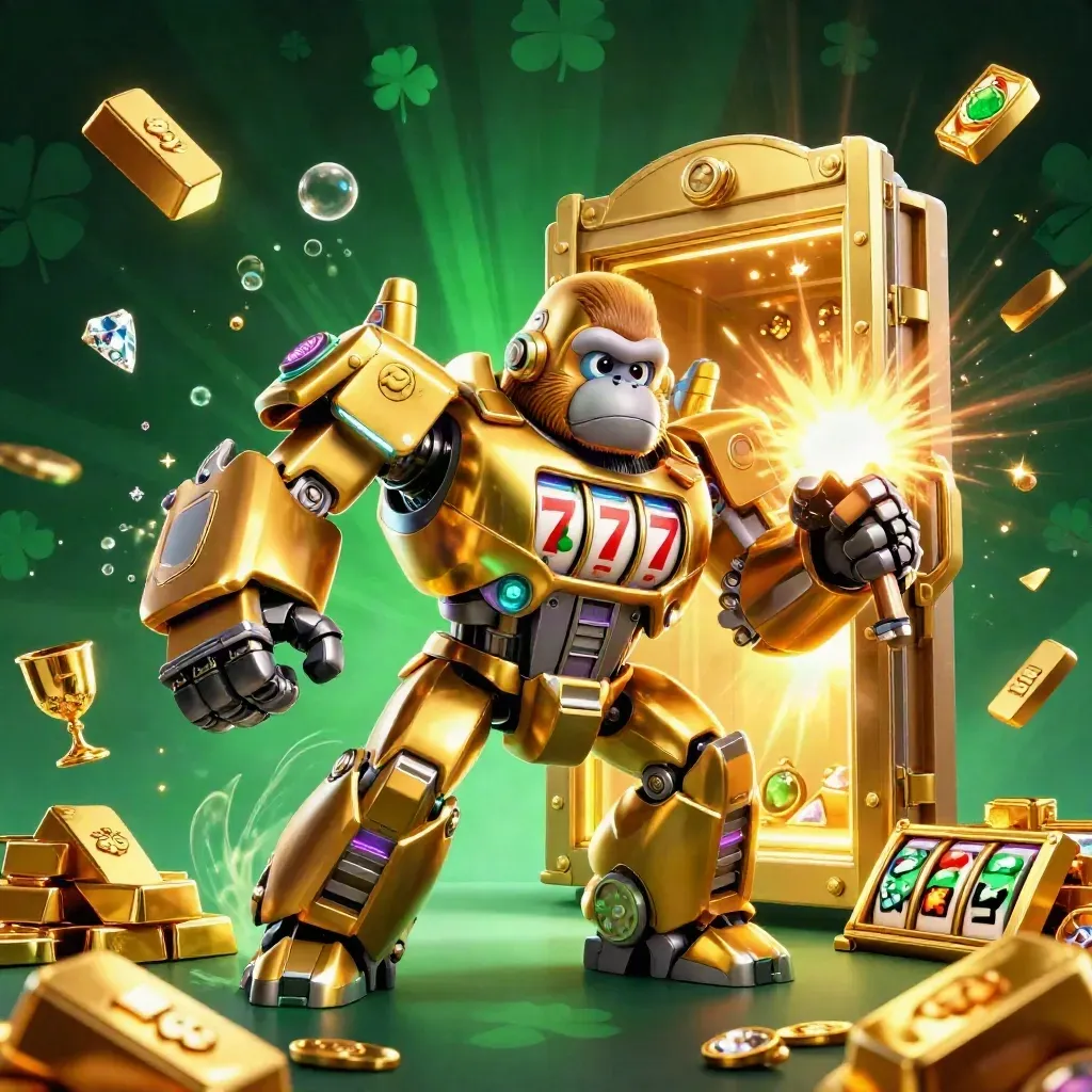 Golden gorilla mech and monkey pilot burst from a vault amid gems, emerald neon casino glow.