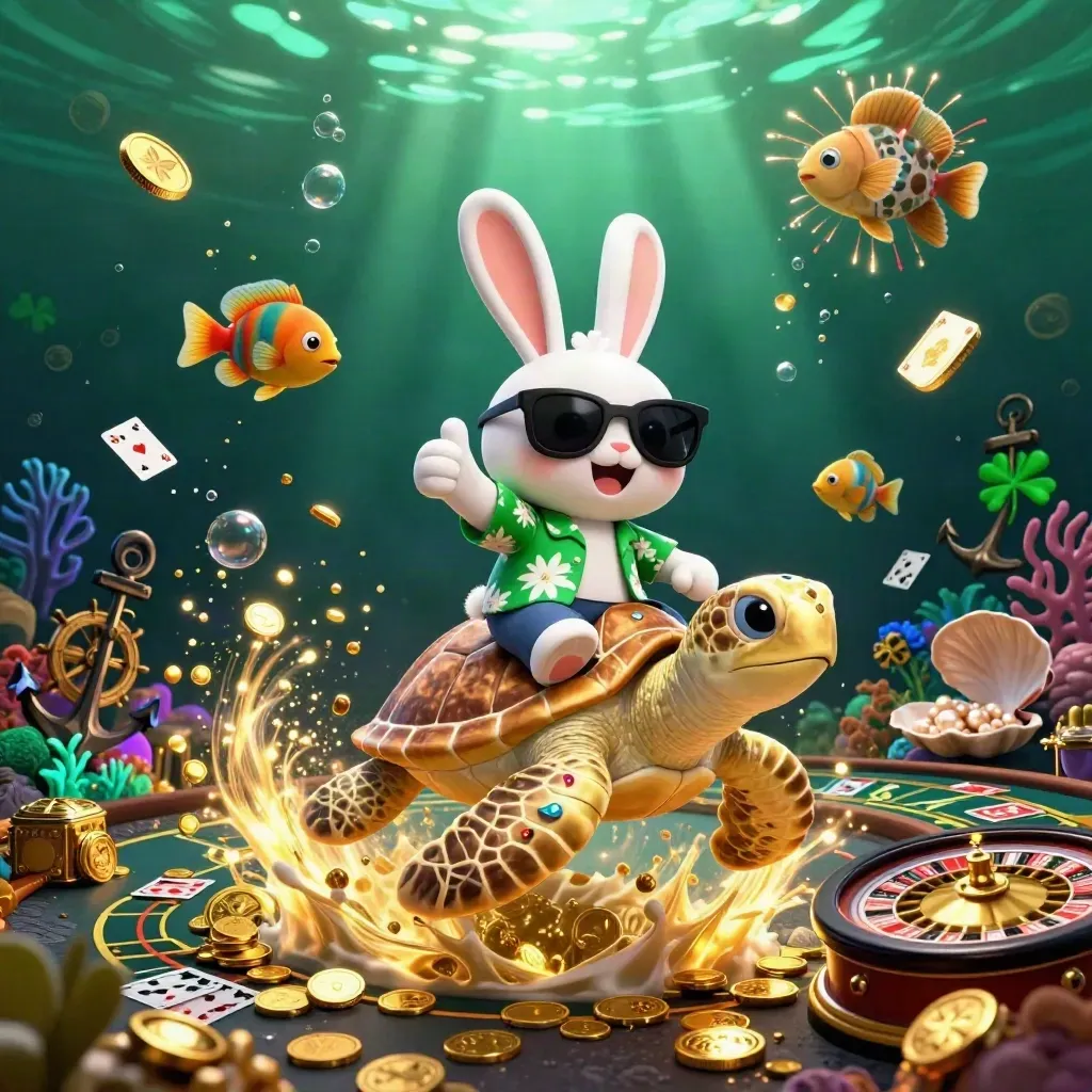 Lucky rabbit on a golden sea turtle amid coins, coral, cards, and neon casino glow.