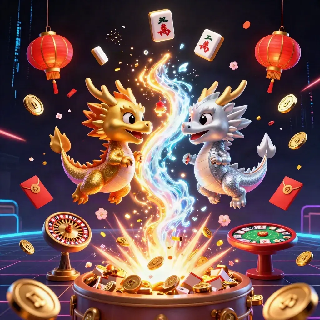 Gold and silver dragons spiral in a neon casino burst with coins, tiles, fireworks, and cards.