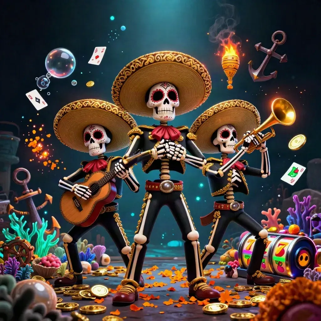 Skeleton mariachi trio amid treasure, coral, slot reels, coins, and neon casino effects